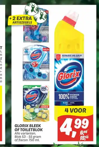 Dekamarkt Glorix bleek of toiletblok 53-55 gram of flacon 750 ml aanbieding