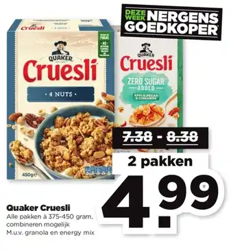 PLUS Quaker cruesli 375-450g aanbieding