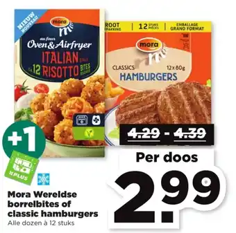 PLUS Mora wereldse borrelbites of classic hamburgers 12 stuks aanbieding