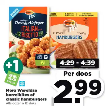 PLUS Mora wereldse borrelbites of classic hamburgers aanbieding