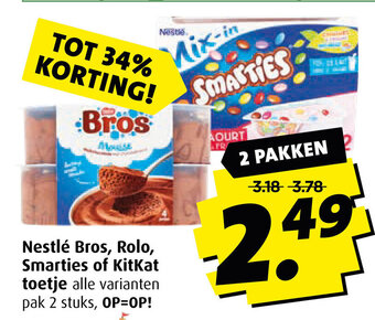 Boni Nestle Bros, Rolo, Smarties of Kitkat toetje alle varianten pak 2 stuks aanbieding