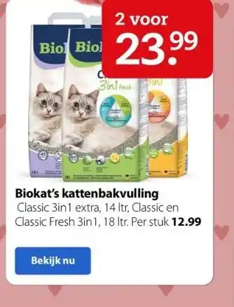 Pets Place Biokat's kattenbakvulling classic 3in1 extra, 14 itr, classic en classic fresh 3in1, 18 ltr. per stuk 12.99 aanbieding