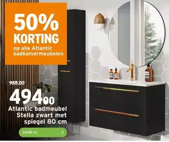 GAMMA Atlantic badmeubel stella zwart met spiegel 80 cm aanbieding