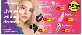 Kruidvat Satisfyer pro 2 air pulse vibrator, double joy couples vibrator, love triangle double air pulse vibrator, cuvy 2+ double air  aanbieding