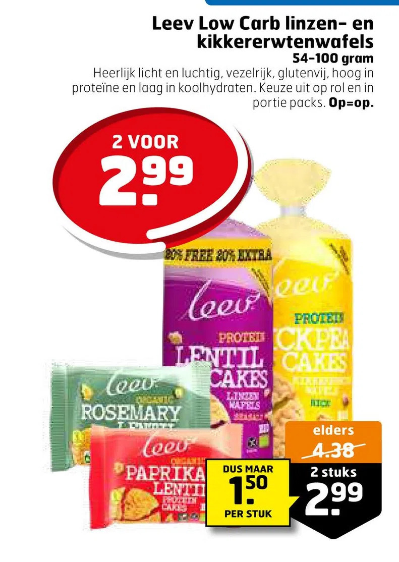 Leev low carb linzen en kikkererwtenwafels aanbieding bij Trekpleister
