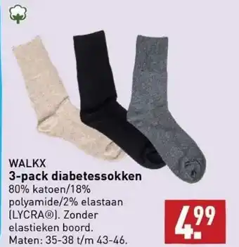 ALDI Walkx 3-pack diabetessokken 80% katoen/18% polyamide/2% elastaan (lycra®). zonder elastieken boord. maten: 35-38 t/m 43-46. aanbieding