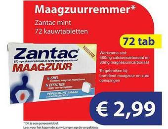 Die Grenze Maagzuurremmer Zantac Mint 72 Kauwtabletten aanbieding