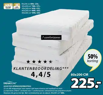 Jysk Gold S25 Springveermatras 80 x 200 cm aanbieding