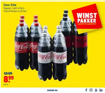 Makro Coca-Cola Regular, Light of Zero 6 flessen a 1,5 liter aanbieding