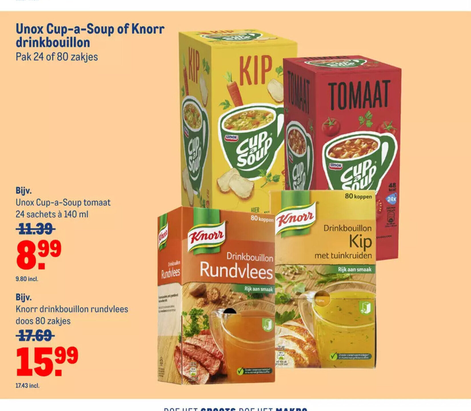 Unox CupaSoup of Knorr drinkbouillon 24 of 80 zakjes aanbieding bij Makro