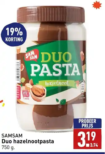 ALDI Samsam Duo hazelnootpasta 750 gram aanbieding