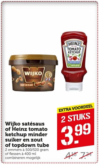 Coop Wijko satesaus of Heinz tomato ketchup minder suiker en zout of topdown tube 2 stuks aanbieding