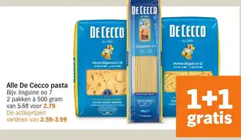 Albert Heijn Alle de cecco pasta 500g 1+1 gratis aanbieding