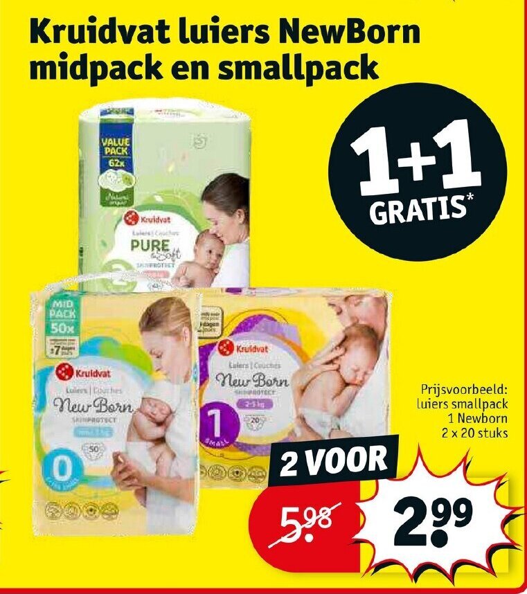 Kruidvat luiers newBorn midpack en smallpack 1+1 gratis aanbieding bij