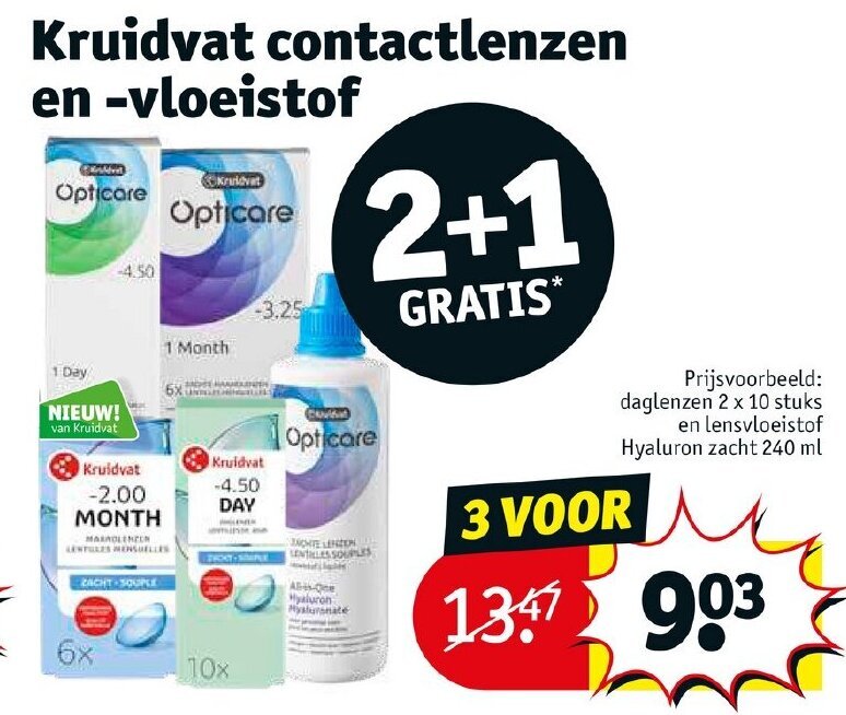 Kruidvat contactlenzen en vloeistof 3 voor aanbieding bij Kruidvat 2+1
