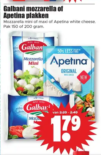 Dirk Galbani mozzarella of Apetina plakken Mozzarella mini of maxi of Apetina white cheese pak 150 of 200 gram aanbieding