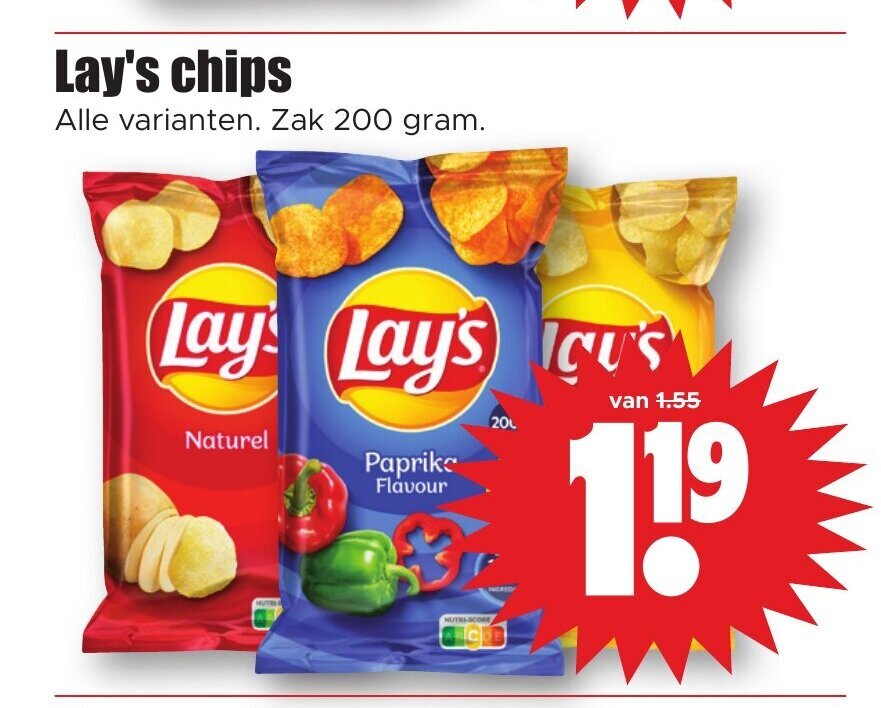 Lay's chips zak 200 gram aanbieding bij Dirk
