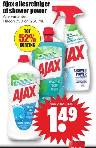 Dirk Ajax allesreiniger of shower power flacon 750 of 1250 ml aanbieding