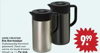 ALDI Home creation rvs thermoskan dubbelwandig thermisch geïsoleerd. zowel voor warme als koude dranken. inhoud: ca. 1 l. per stuk aanbieding