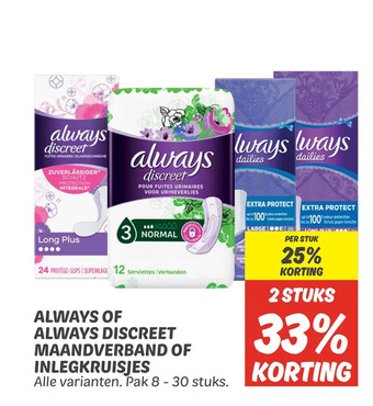 Dekamarkt Always of always discreet maandverband of inlegkruisjes aanbieding