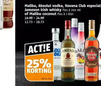 Poiesz Malibu, absolut vodka, havana club especial, jameson irish whisky fles à 700 ml of malibu coconut fles à 1 liter aanbieding