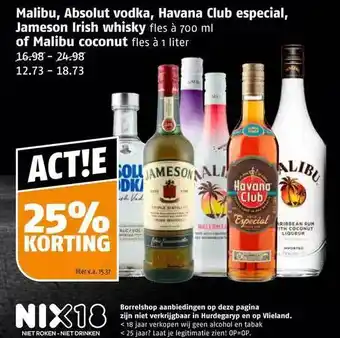 Poiesz Malibu, absolut vodka, havana club especial, jameson irish whisky of malibu coconut aanbieding