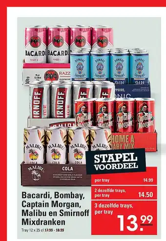 De Kweker Bacardi, bombay, captain morgan, malibu en smirnoff mixdranken aanbieding