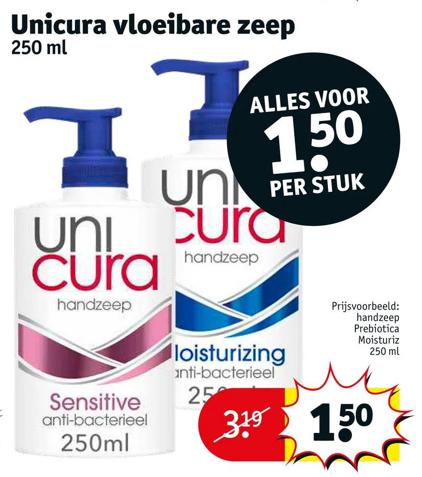 Unicura vloeibare zeep 250 ml aanbieding bij Kruidvat