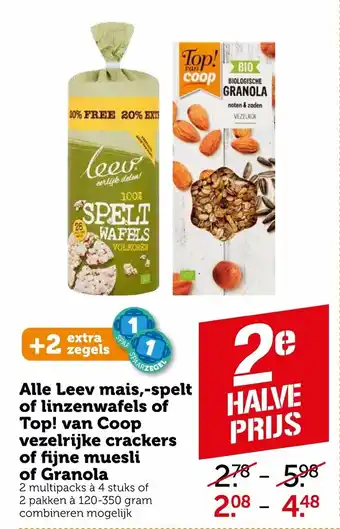 Coop Leev mais, -spelt of linzenwafels of Top! van Coop vezelrijke crackers of fijne muesli of granola aanbieding