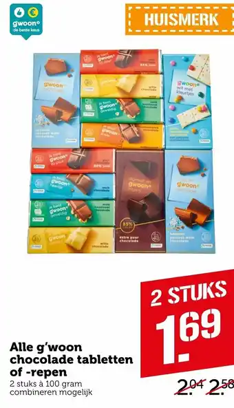 Coop G'woon Chocolade tabletten of -repen 2*100g aanbieding