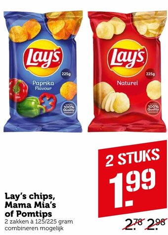 Coop Lay's chips, Mama Mia's of Pomtips 2*125/225g aanbieding