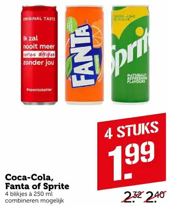 Coop Coca-Cola, Fanta of Sprite 4*250ml aanbieding