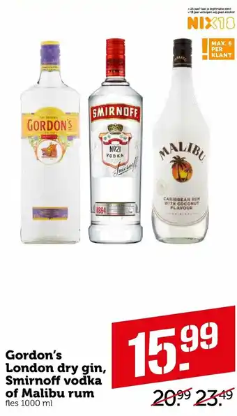 Coop Gordon's London Dry Gin, Smirnoff vodka of Malibu rum 1L aanbieding