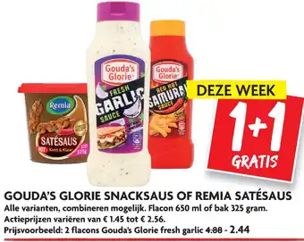 Dekamarkt Gouda's glorie snacksaus of remia satésaus aanbieding