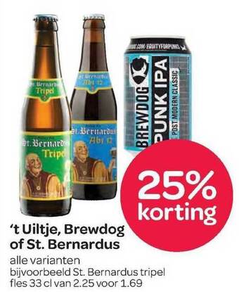 Spar 't Uiltje, Brewdog Of St. Bernardus 25% Korting aanbieding