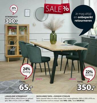 Jysk Langelinie Vitrinekast Of Skovlunde Tafel + Risskov Stoelen 22% -25% Korting aanbieding