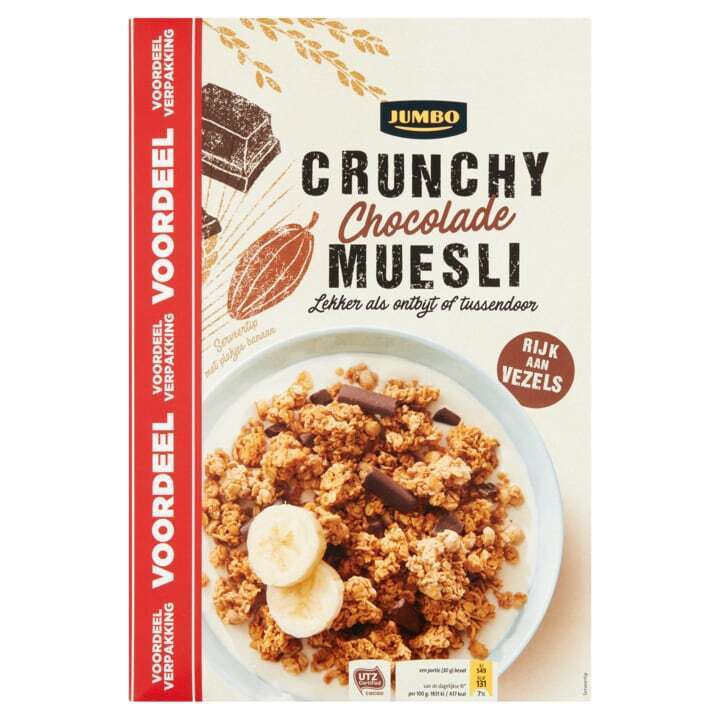 Jumbo crunchy muesli chocolade voordeelverpakking 900g aanbieding bij Jumbo