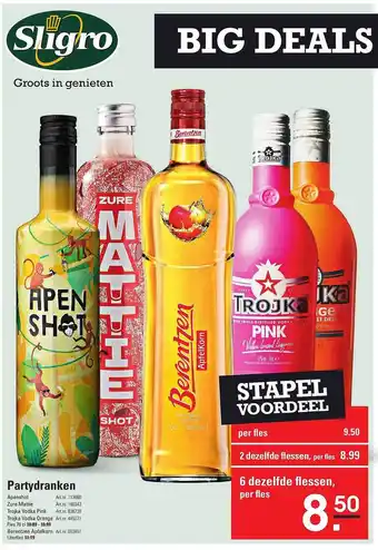 Sligro Partydranken : apenshot, zure mattie, trojka vodka pink, trojka vodka orange of berentzen apfelkorn aanbieding