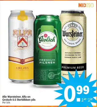 Albert Heijn Alle warsteiner, alfa en grolsch 0.5 literblikken pils aanbieding