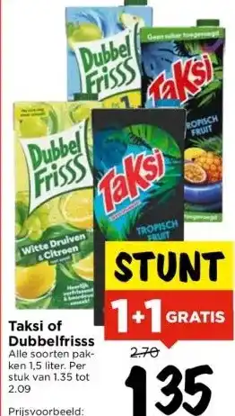 Vomar Voordeelmarkt Taksi of dubbelfrisss alle soorten pakken 1,5 liter. per stuk van 1.35 tot 2.09 aanbieding