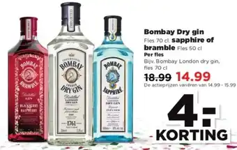 PLUS Bombay dry gin 70cl, sapphire of bramble 70cl aanbieding