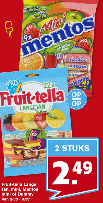 Hoogvliet Fruit-tella Lange Jan, mini, Mentos mini of Dummy aanbieding