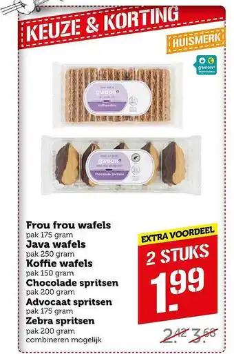 Coop Frou frou wafels, java wafels, koffie wafels, chocolade spritsen, advocaat spritsen of zebra spritsen aanbieding