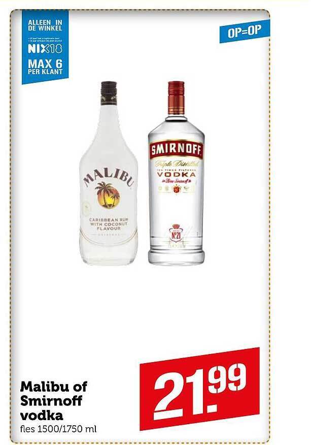 Malibu of smirnoff vodka aanbieding bij Coop