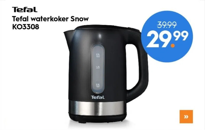 Tefal Waterkoker Ko3308 Mat Zwart Rvs 1, 7l