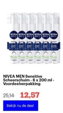 Bol.com Nivea men sensitive scheerschuim - 6 x 200 ml - voordeelverpakking aanbieding