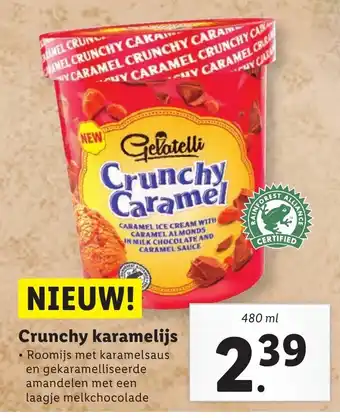 Lidl Gelatelli Crunchy karamelijs 480ml aanbieding