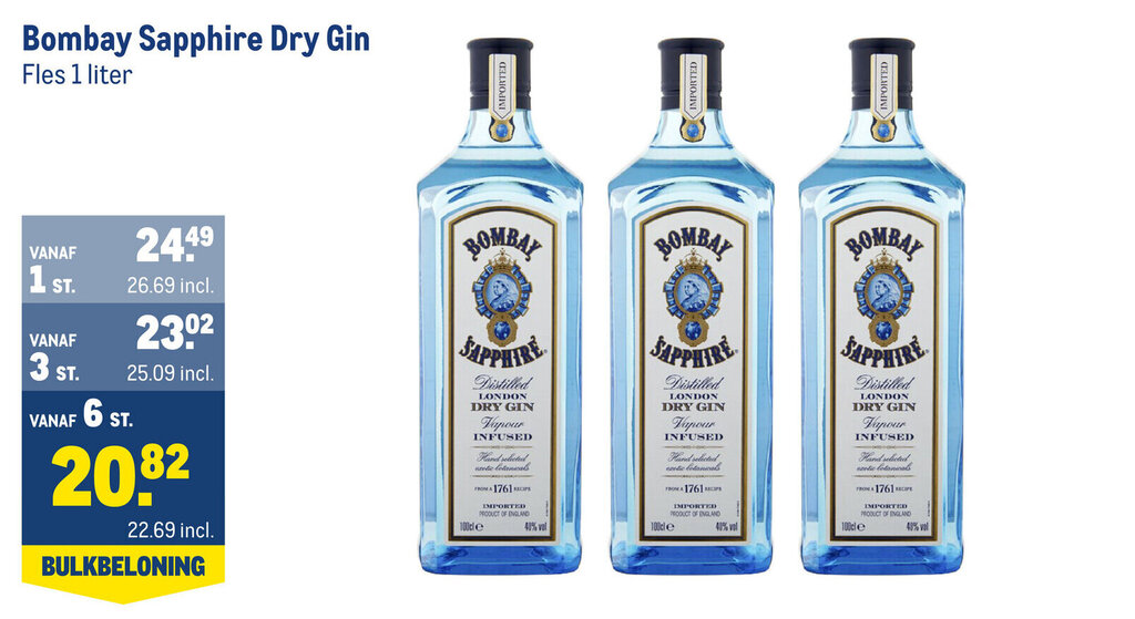 Bombay Sapphire Dry Gin 1 liter aanbieding bij Makro