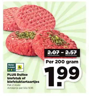 PLUS Duitse Biefstuk of Biefstuktartaartjes 1 kilo aanbieding