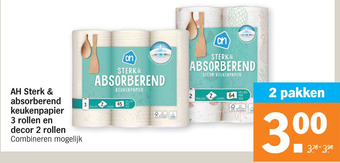 Albert Heijn AH Sterk & absorberend keukenpapier 3 rollen en decor 2 rollen aanbieding